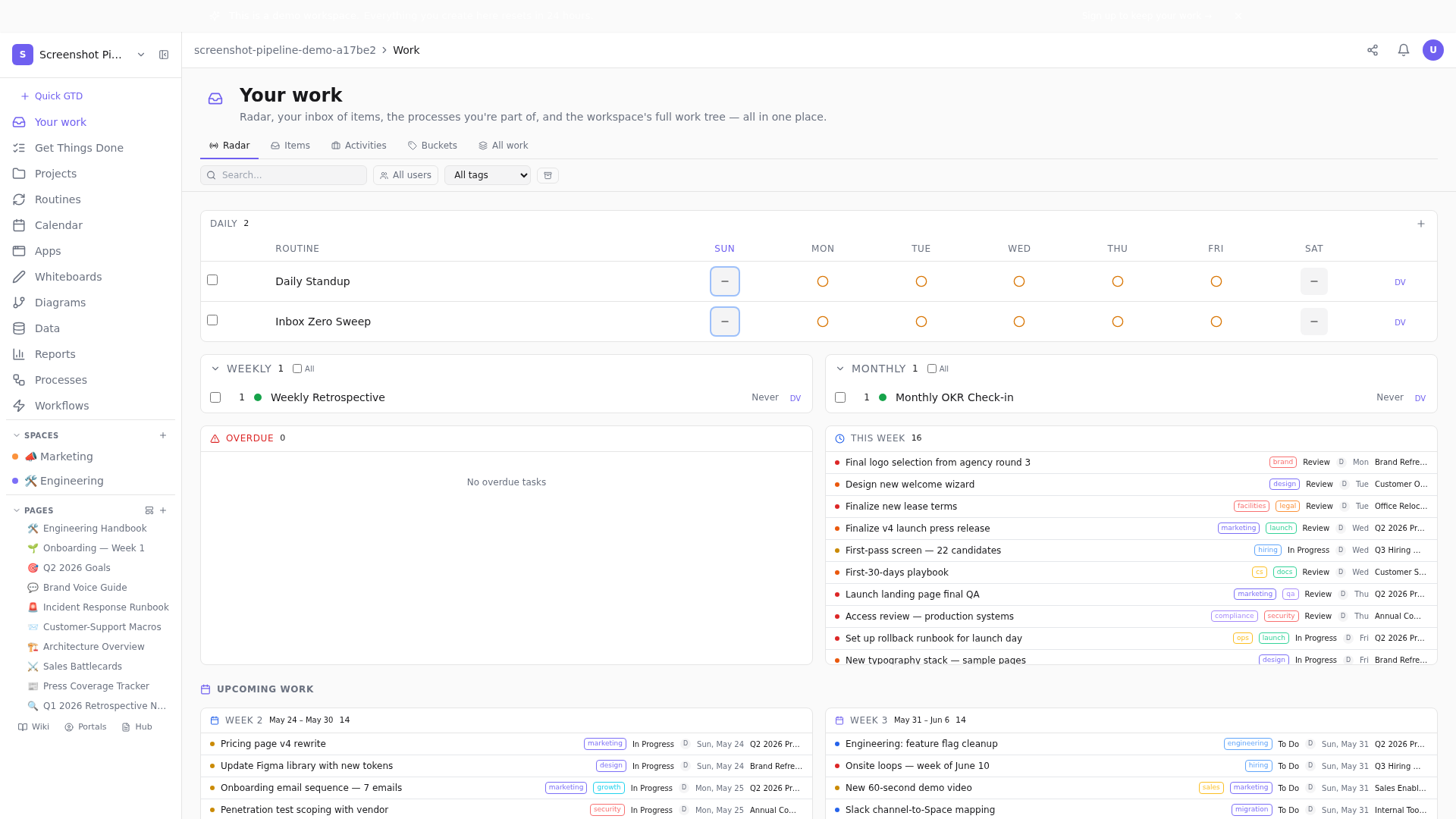 Your Work hub at week-level — deep-work blocks visible alongside everything else.